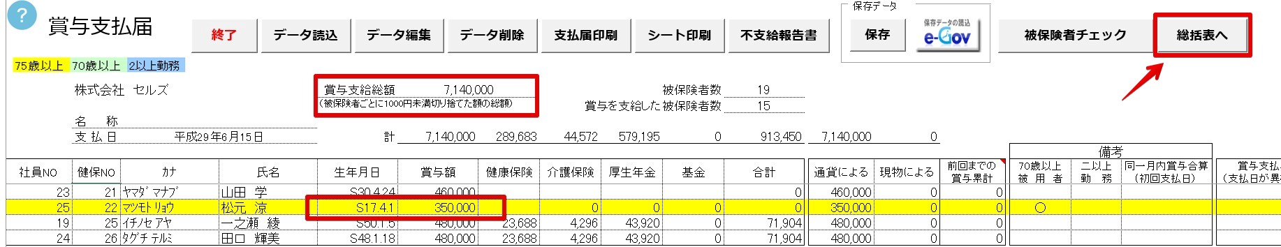 賞与支払届総括表の支給総額に75歳以上被用者の支給額を含まない金額を入力できますか？