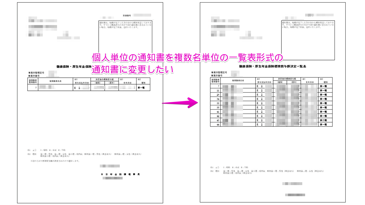 社会保険の公文書を複数名単位の一覧表形式(連記式)に変更する方法