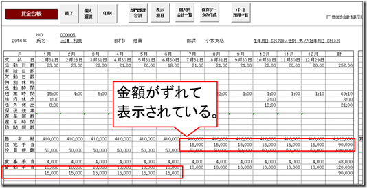 手当･控除項目の位置を変更後、賃金台帳の項目と金額の表示が先月分とずれてしまう