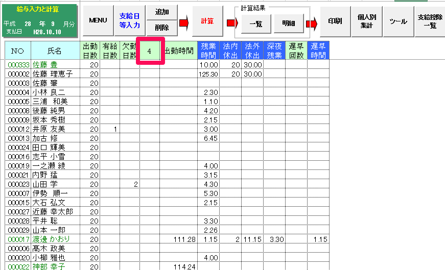 勤怠項目が数字表示になり、明細も同じものが載ってしまう