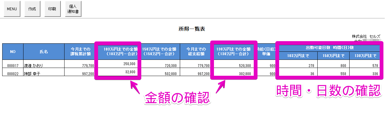 パート所得一覧表