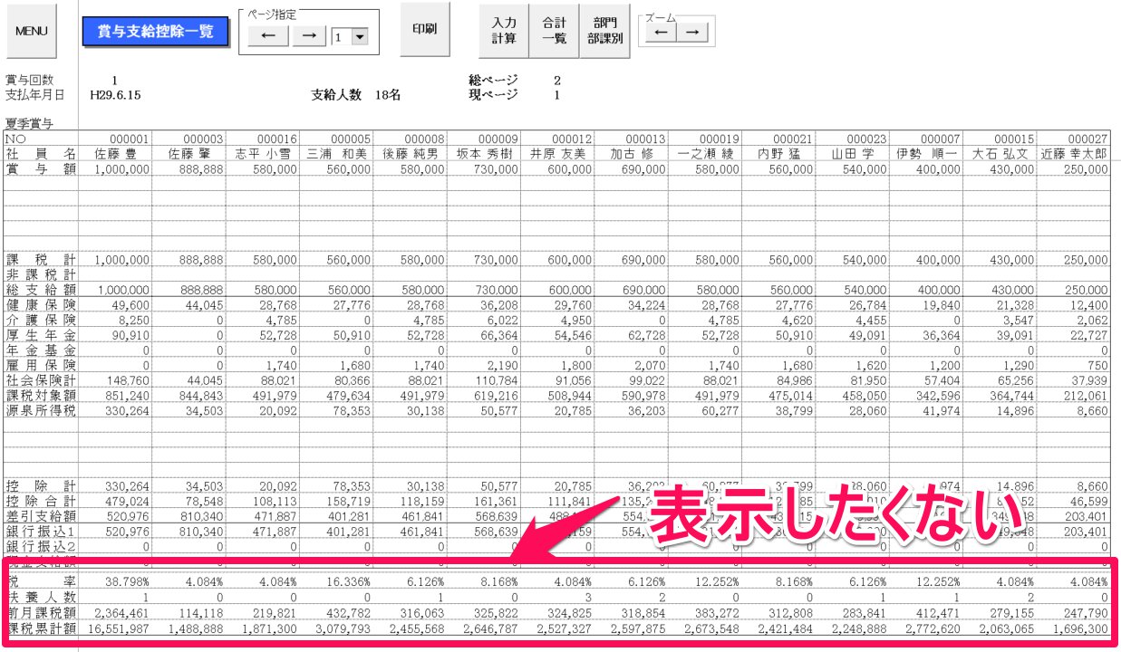 賞与の支給控除一覧表に税率などを非表示にする方法