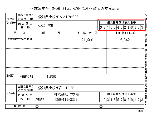 報酬の支払調書で「支払を受ける者」の法人番号はどこで入力すればよいですか？